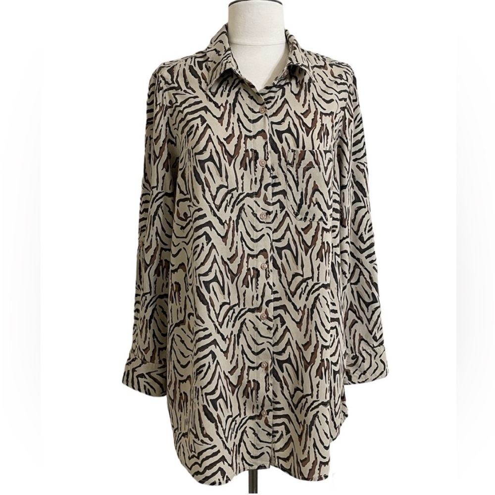 INTRO ❤️Womens Tan Black Zebra Print Long Sleeve Button Front Shirt Tunis Medium
